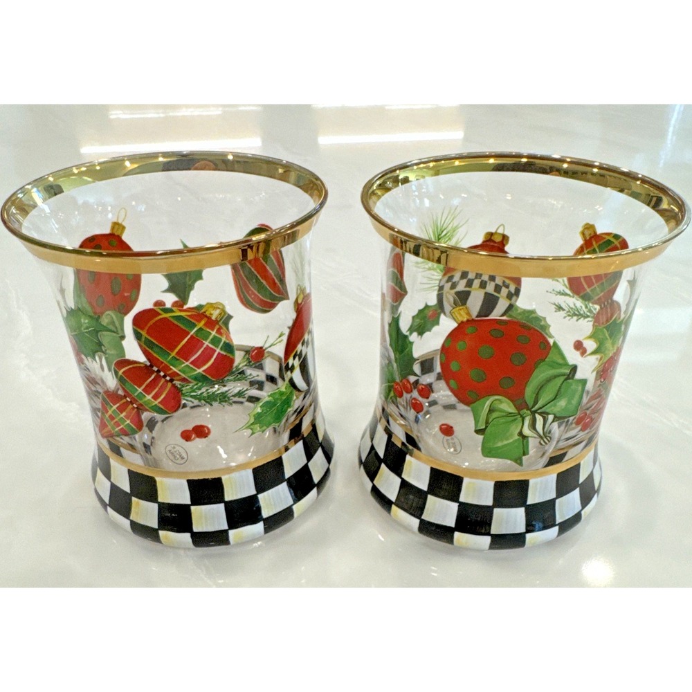 MacKenzie-Childs Deck the Halls Tumblers Set 2 Gold Rim Glass 8oz NEW